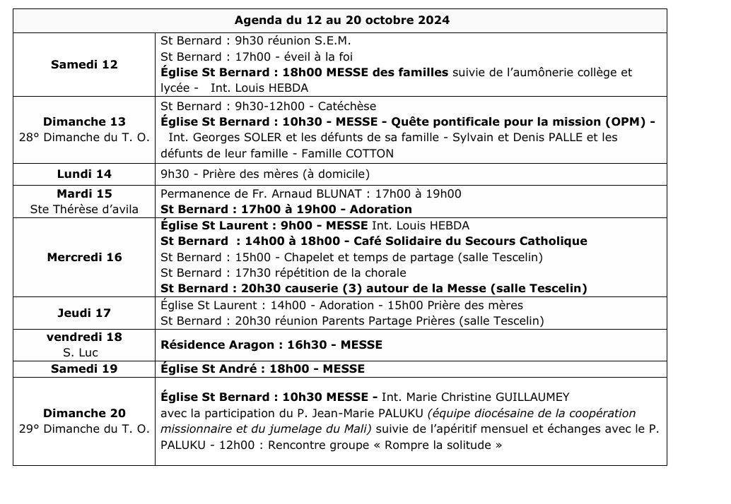 Agenda du 13 au 21 octobre 2024