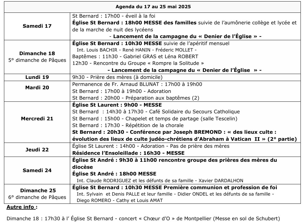 Agenda du 17 mai au 25 mai 2025