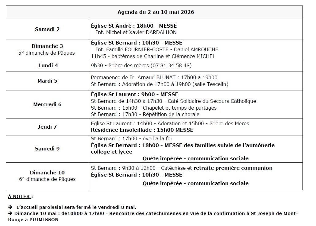 Agenda du 2 au 9 mai