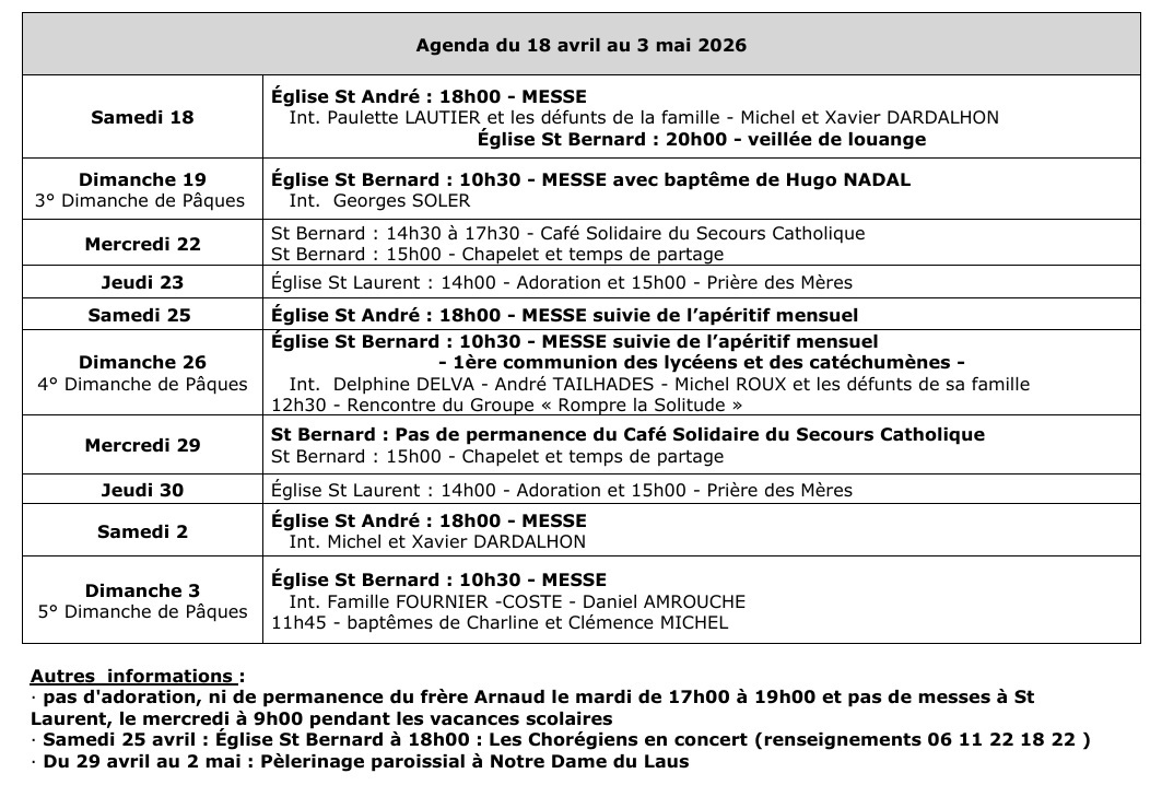 agenda du 19 au 3 mai 2026